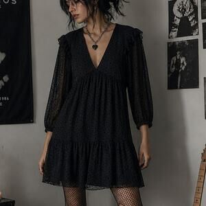 New Stradivarius Womens Small Dress Black Stars Goth Grunge Emo Mesh Sheer